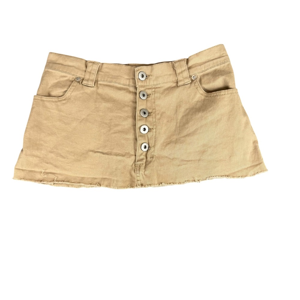 Love Tree Denim Khaki Tan Button Front Raw Hem Mini Skirt Size L